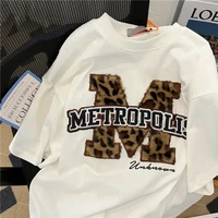 2022 summer letter embroidered leopard flocking fashion top loose graphic t shirts women cotton round neck kawaii clothes tees
