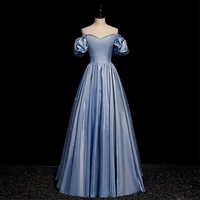 shiny blue satin evening dresses off the shoulder puff sleeves backless a line long wedding formal party elegant prom gowns new