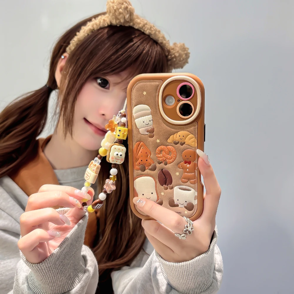 3D Circular Cortex Leather Gingerbread Man Pattern With Bracelet Phone Case For iPhone 13 14 15 16 pro max Shockproof Back Cover