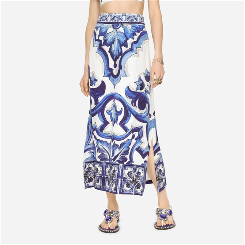 

2022 summer new women's fashion high street poplin majolica print high waist skirt high quality commuter retro A-line midi skirt