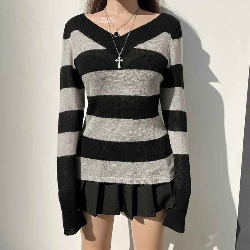 

Stripe knittes Tops Women Fashion Sweaters Tight Long Sleeve Deep V Neck Stripe Tops Y2K 2022 Spring Autumn Casual Pullovers