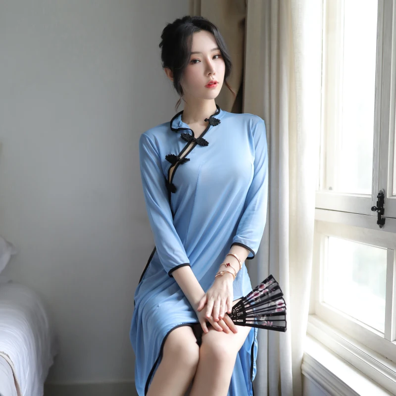 

Women's Sexy Cheongsam Dress Nightdress Set Perspective Split Pajamas Uniforms Republic of China Style Student Underw Pajamas