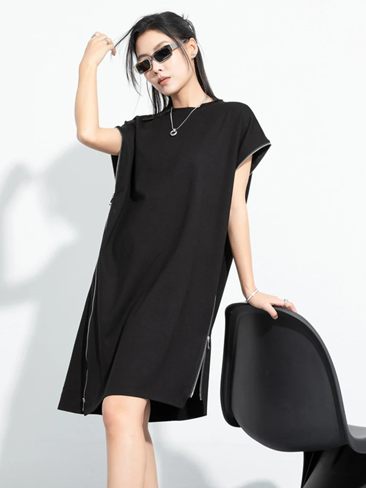 [EAM] Женское черное повседневное мини-платье на молнии неправильной формы