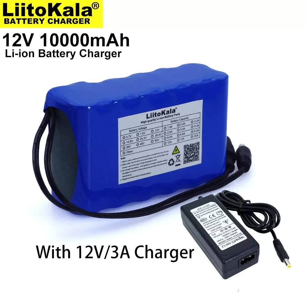 

2023New Liitokala 12V 10Ah 18650 li-lon battery pack 10000mAh with BMS Circuit Protection Board DC 5.5*2.1mm+ 12.6V 3A Charger