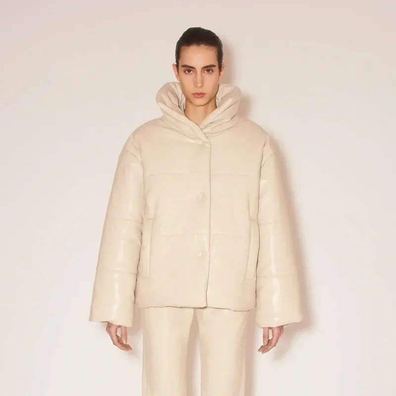 

Winter Simple Casual Faux Leather Loose Solid Color High Collar Single-breasted Cotton Jacket Women Thickened Down Coat