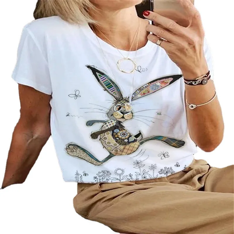 

2023 summer new foreign trade women's wish Amazon ebay color rabbit 3D animal print V-neck women's casual T-shirt S-6XL