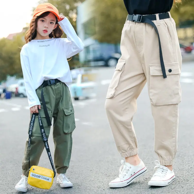 

For Pants Fashion Girl Teen Belt Style 5-14 With Years Kids For Girls Loose Trousers Running Cotton Pants Cool Sport Cargo Teens