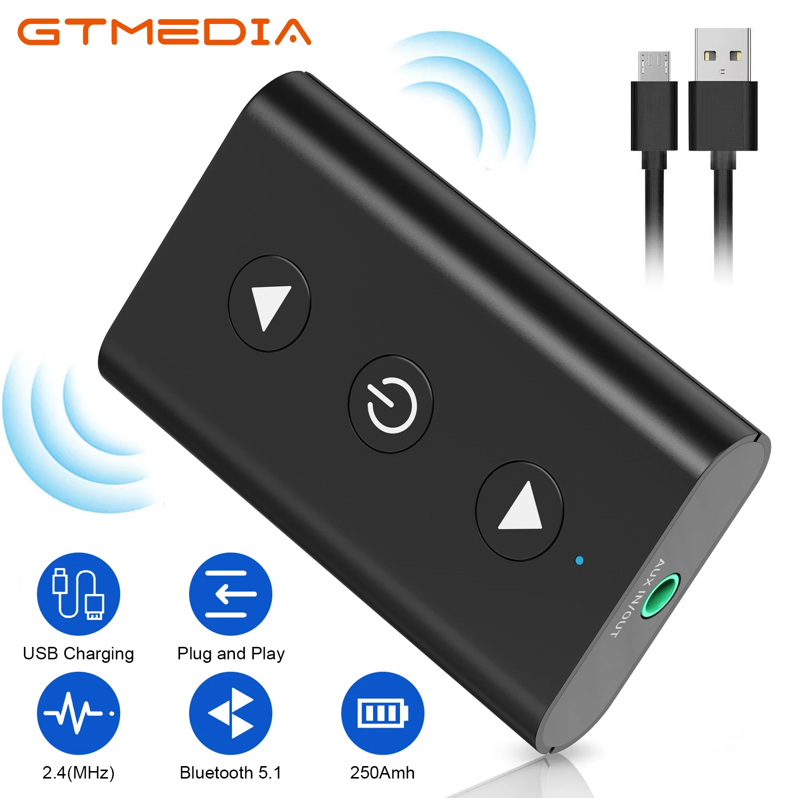 

Bluetooth Bluetooth 5.1 Audio Adapter GTMedia A2 Support USB U-Disk Play Wireless Adapter R/L 2 RCA/3.5MM AUX/Optical Fiber Jack