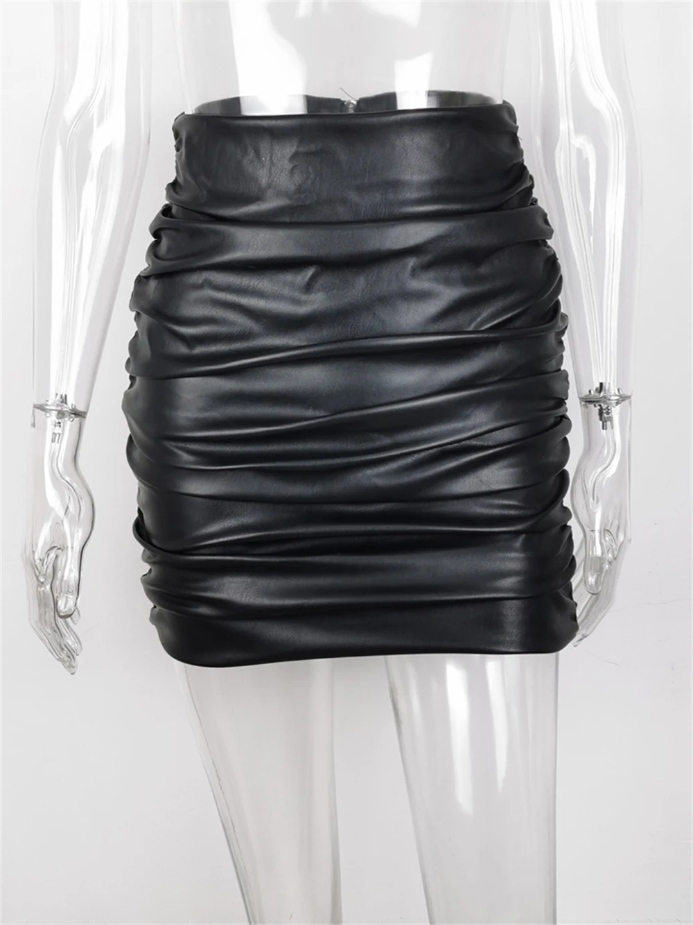 Женская облегающая юбка Kylie черная короткая из искусственной кожи с рюшами и