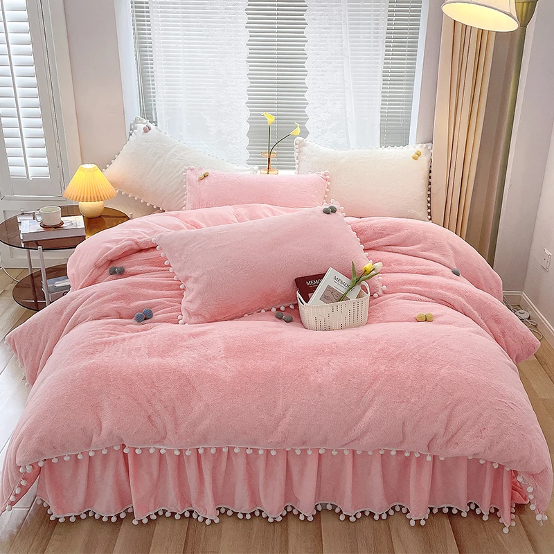 

Winter Shaggy Soft Coral Fleece Warm Princess Hairball Bed Skirt Bedding Set Velvet Quilt Cover Blanket Bed Linen Customizable