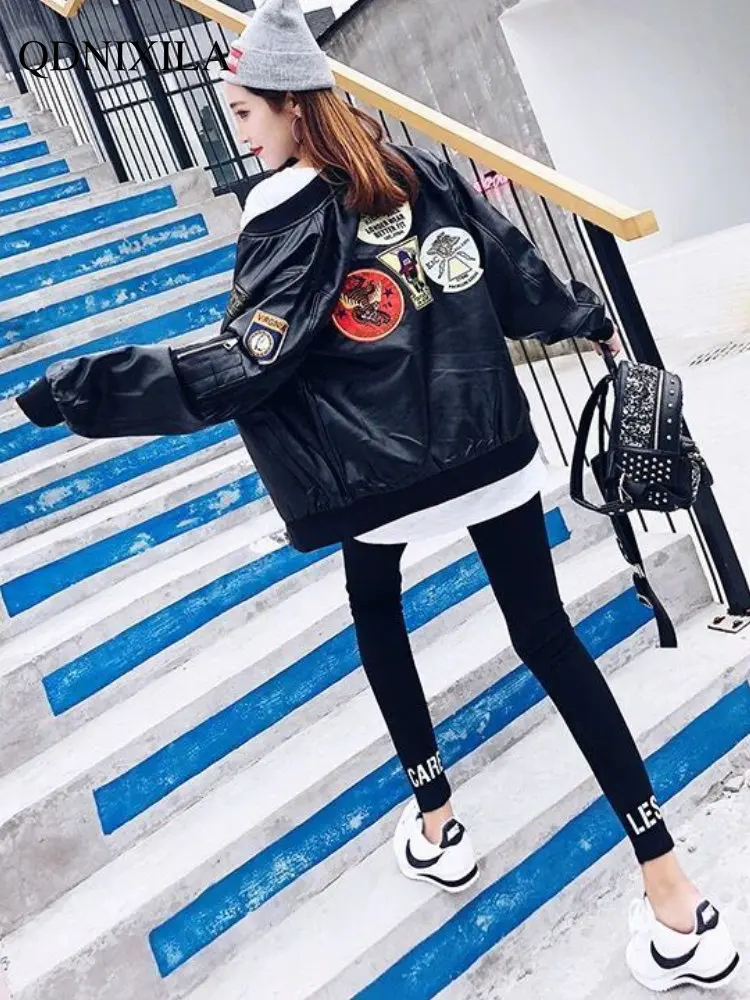 New Embroidered Women's Leather Jacket for Female Couples Loose Jackets Korean Version Coats Motorcycle Leather Jacket Woman enlarge