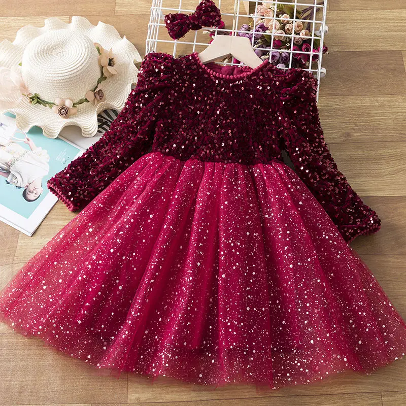 

Girls' Autumn Winter Princess Dresses Round Neck Solid Color Splicing Sequined Long Sleeve Party Shimmery Fluffy Gauze Dress