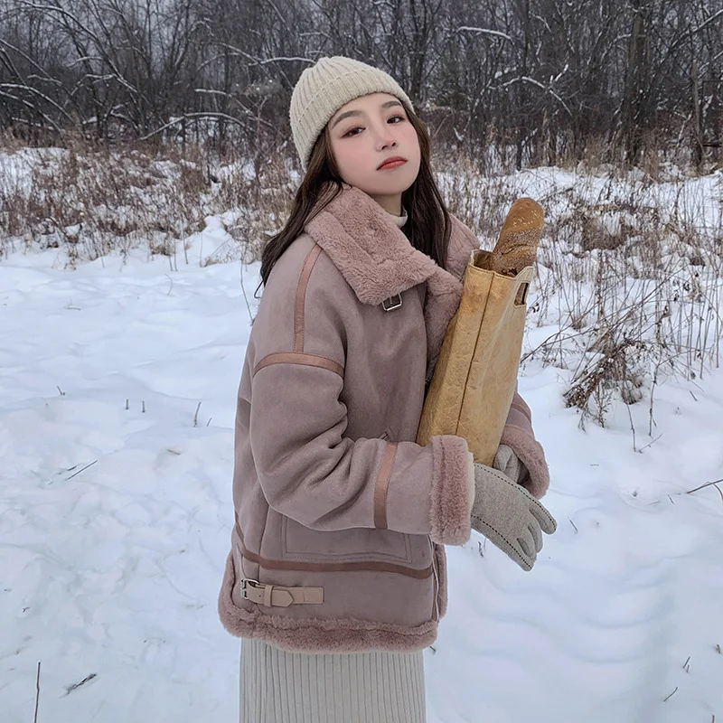 Pink lambswool coat women's winter thick coat