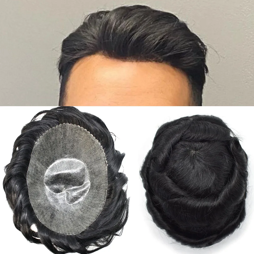 

Mens Toupee Full Transparent Poly Hairpieces Remy Human Hair Replacement Systems 0.10-0.12mm Injected Skin PU Toupee for Men