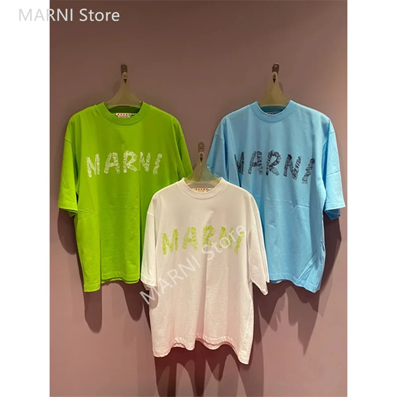 

Marni Graffiti monogram print short sleeve T-shirt Women's Sweet Cool style loose round neck casual half sleeve top