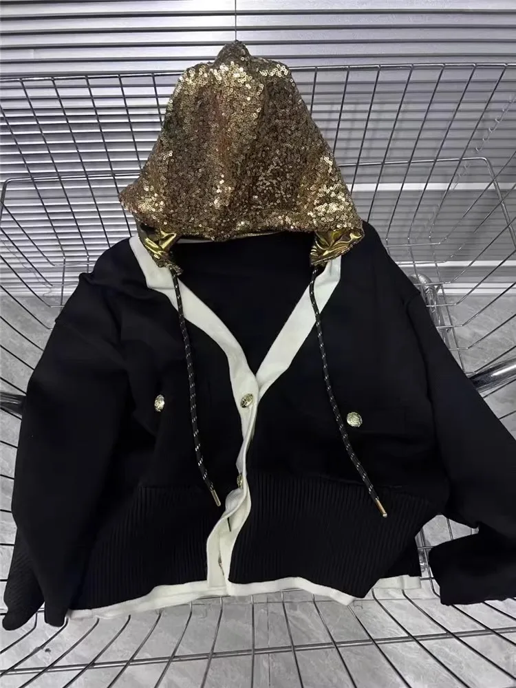 Фото Женский осенний модный вязаный кардиган на одной пуговице с пайетками, капюшоном и V-образным вырезом, повседневная верхняя одежда с длинными рукавами в уличном стиле №4