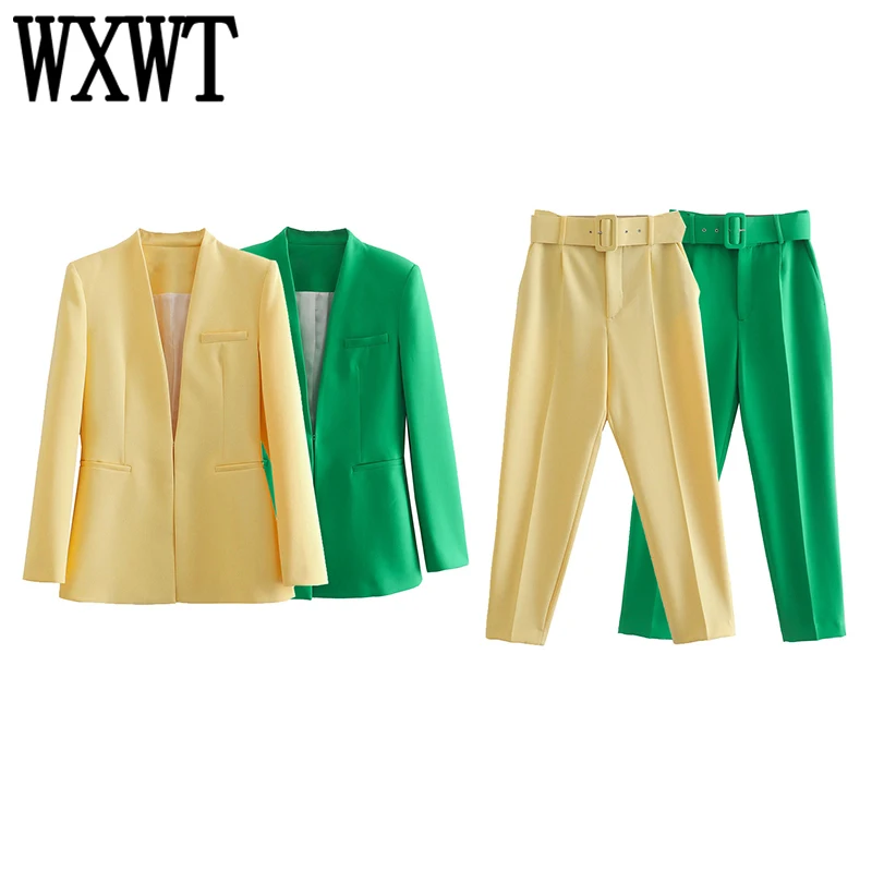 

WXWT Women Solid Office Wear Blazer And High Waist Pants 2022 Spring Autumn Ladies Slim 2 Piece Set Coat and Pants DA2253