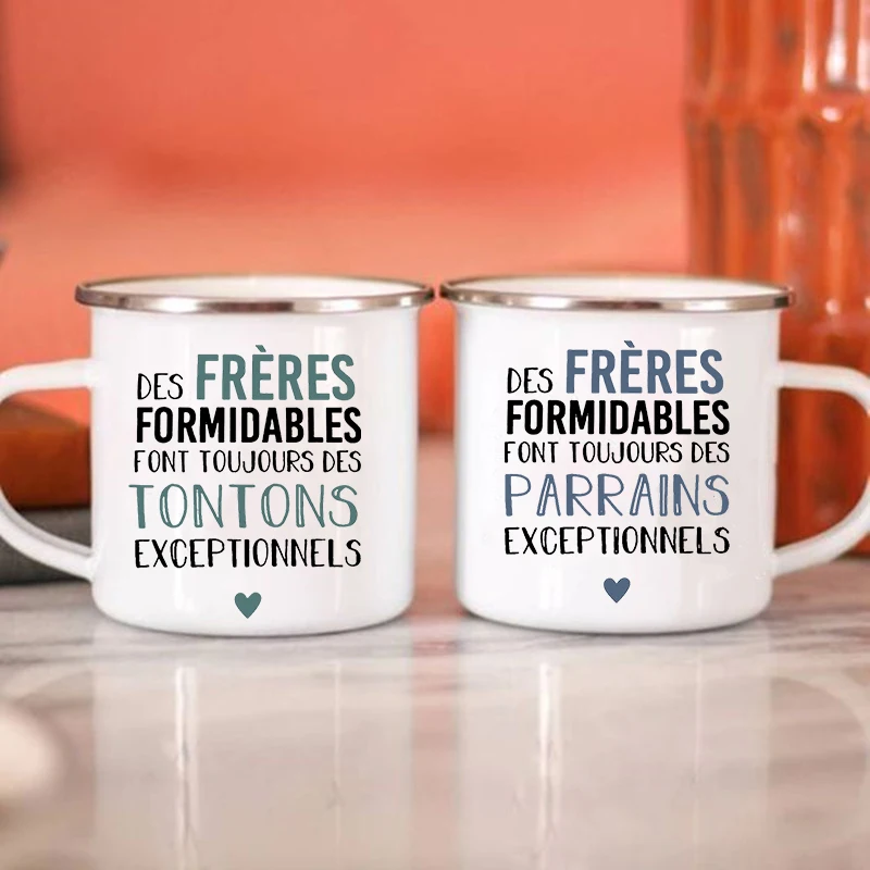 

French Print Enamel Mug Brother Friends Drink Milk Coffee Cups Pregnancy Announcement Mugs Best Idea Gifts for Tonton Parrains