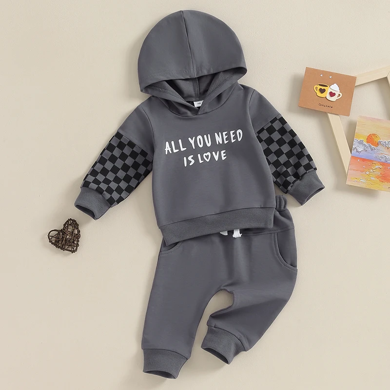 

Baby Boy Winter Clothes Sweatpants Set Checkered Sleeve Letter Hoodie Sweat Outfit Toddler Boy Clothing