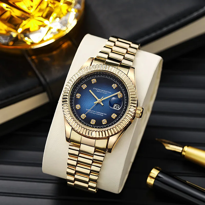 

Часы наручные мужские кварцевые, брендовые Роскошные деловые с золотым браслетом из нержавеющей стали, с календарём, RX