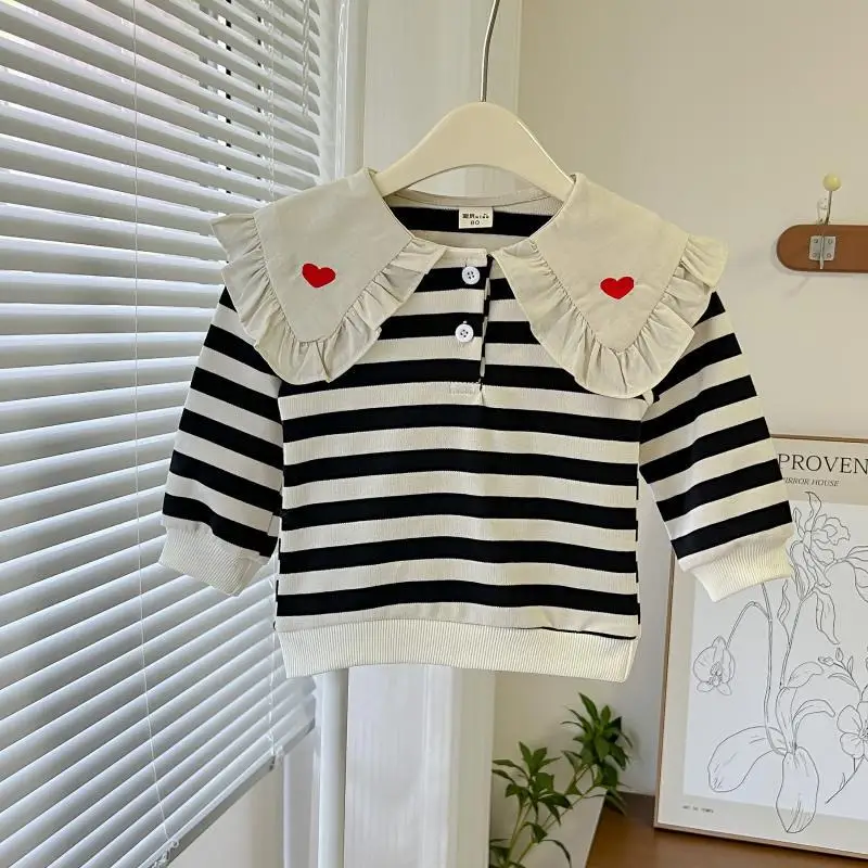 Модная полосатая Толстовка для девочек милый пуловер в Корейском стиле с круглым