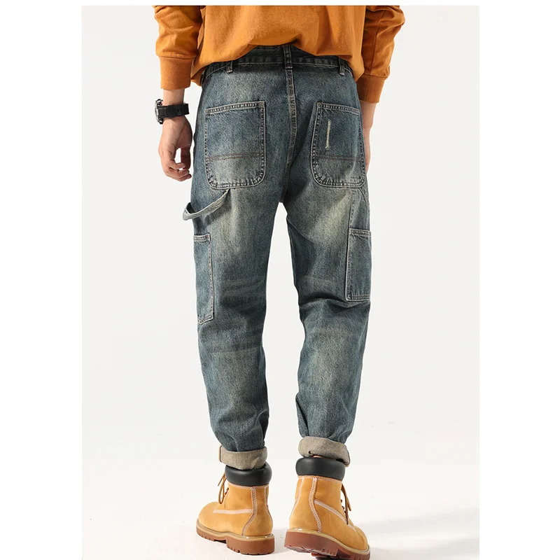 Streetwear Men 2022 New Pattern American Hole Blue Jeans Vintage Loose Recreational Straight Cylinder Trousers Autumn Female