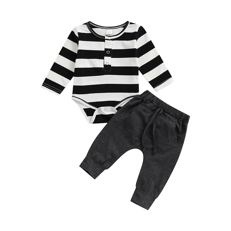 

Baby Boy Clothes Two Piece Set Fashion Stripe Print Long Sleeve Romper and Tie-up Long Pants For Toddler Newborn