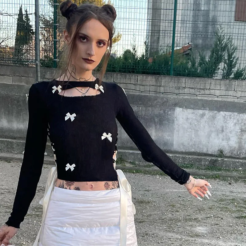 

Goth Dark Mall, готический бант, милые футболки Harajuku, Y2k, бандажные, с вырезами, сексуальные, вафельные топы, Лолита, женские, с длинным рукавом, облегающие футболки