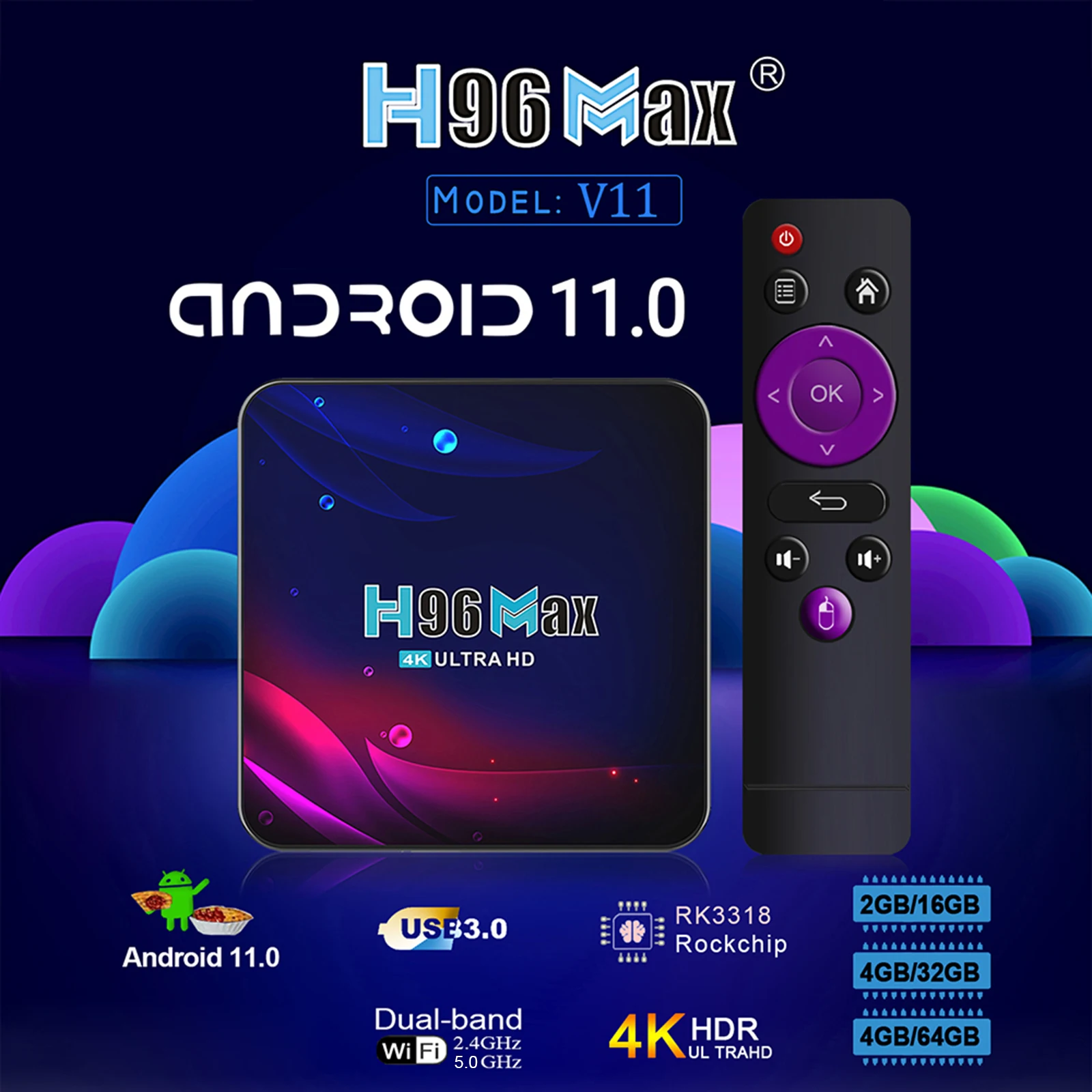 Приставка Смарт-ТВ H96 Max V11 Android 11 0 UHD 4K медиаплеер RK3318 2 4 ГГц/телефон