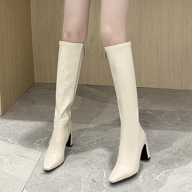 

Rimocy Women New Pointed Toe High Heels Long Boots Spring 2022 Shoes Woman Knee-high Booties Side Zipper PU Leather Botas Female