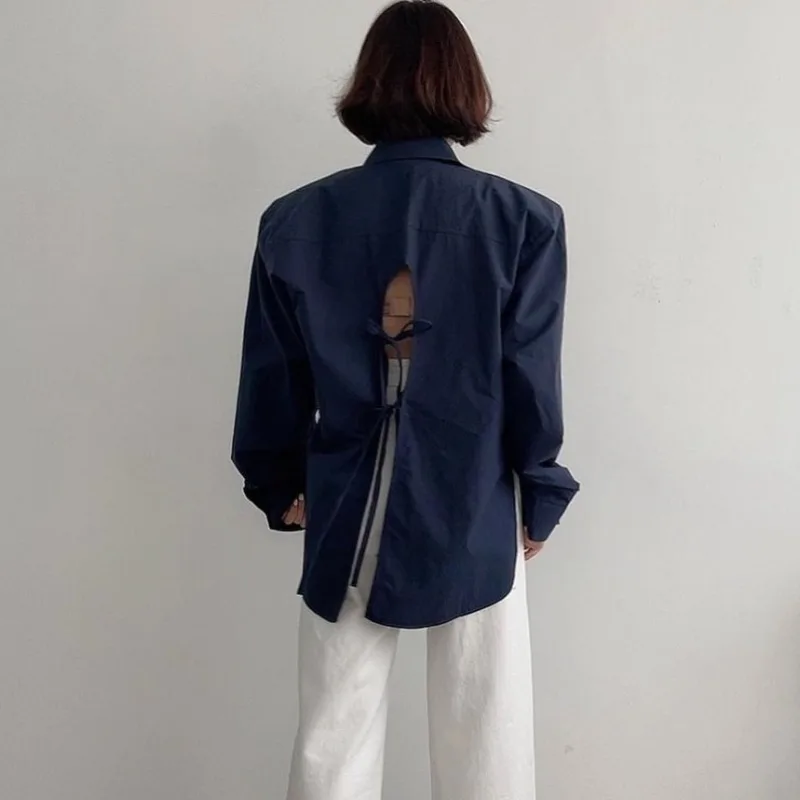 Блузка женская с вырезами на спине шнуровке бантом однобортная весна-осень 2024