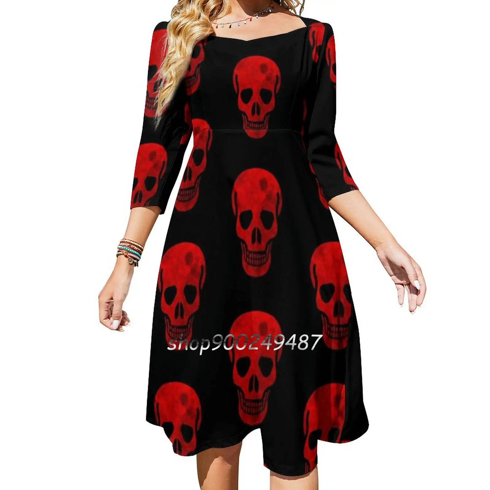 

Вечерние платья с черепом, сексуальное платье миди, женское милое цельнокроеное платье, корейский череп, векторный графический рисунок, кра...