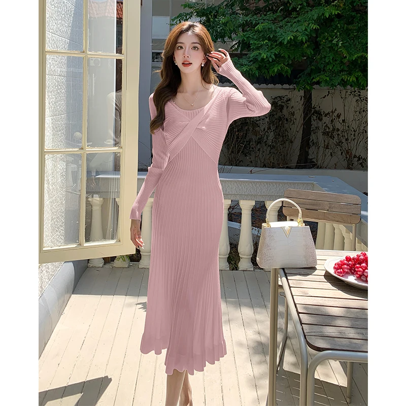 Coigarsam женское платье Весна 2024 однотонные вязаные платья с длинным рукавом и