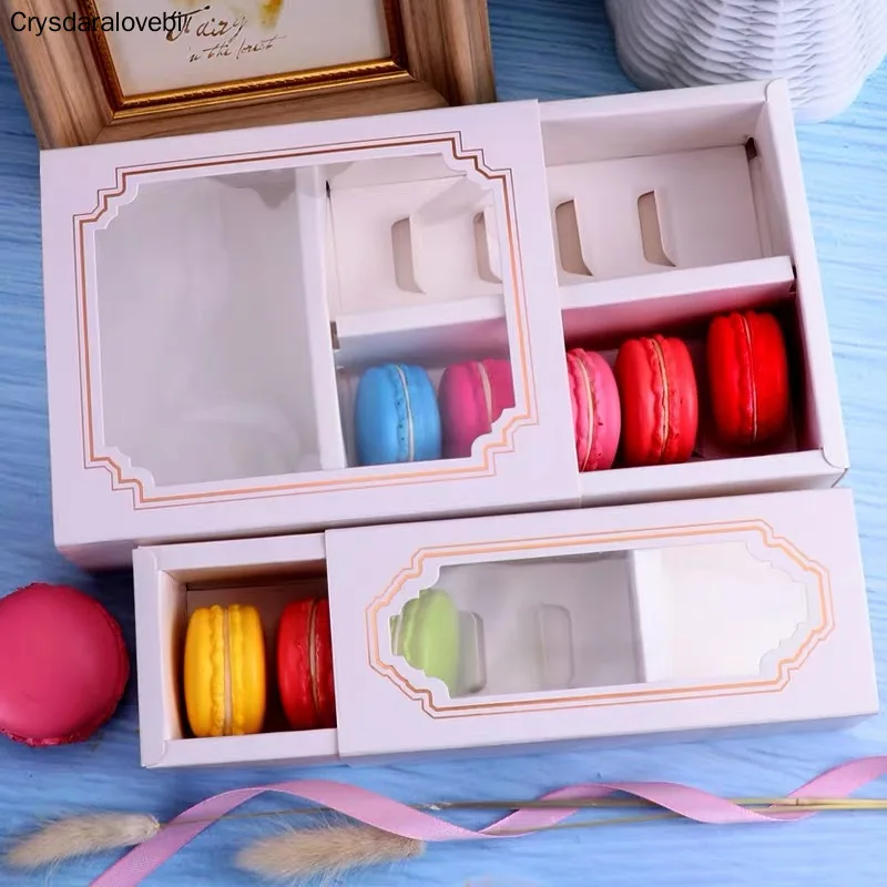 

20ps 5/10 Cups White Macaroon paper Drawer box packing with PVC window,Wedding/Birthday party Biscuits gift boxes for guests