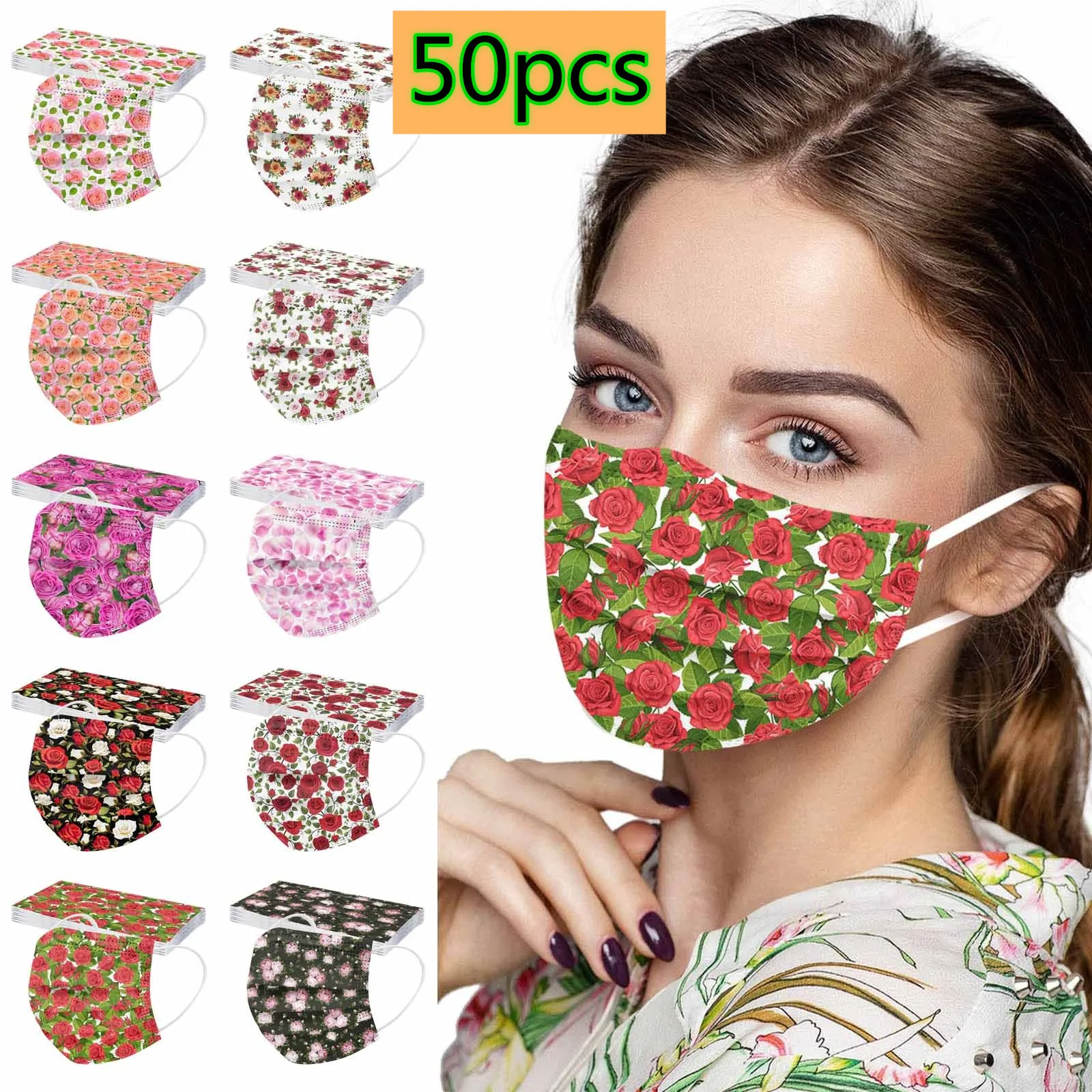 

10pcs Adult Disposable Mask Fashion Rose Lily Flower Printed Face Mask Masque 3 Layer Breathable Protective Masks Mascarillas
