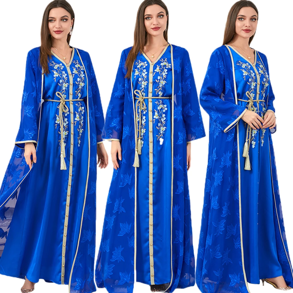 

Dubai Abaya Luxury For Muslim Women Elegant Casual Long Dresses Muslim Sets Ethnic Embroidery Guipure Lace Insert Belted Kaftan