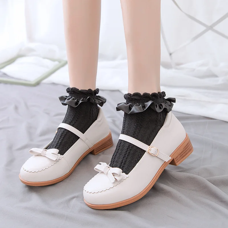 Women's Lolita  Ruffle Socks With Frill Black White Kawaii Cotton Lace Socks Low Cut Socks Cartoon Sweet Girls Hosiery