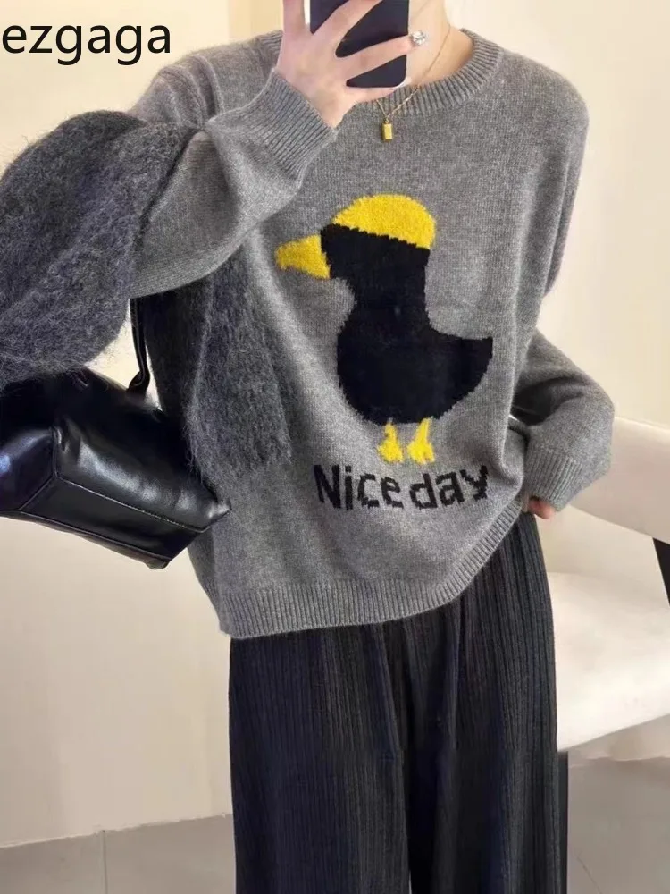 Ezgaga вязаный свитер пуловер женский с рисунком утки буквенным принтом и круглым