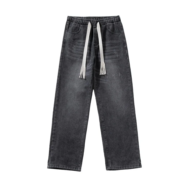 3-color Drawstring Jeans Men Fashion Retro Casual Straight Jeans Men Japanese Streetwear Hip-hop Loose Denim Pants Mens Trousers