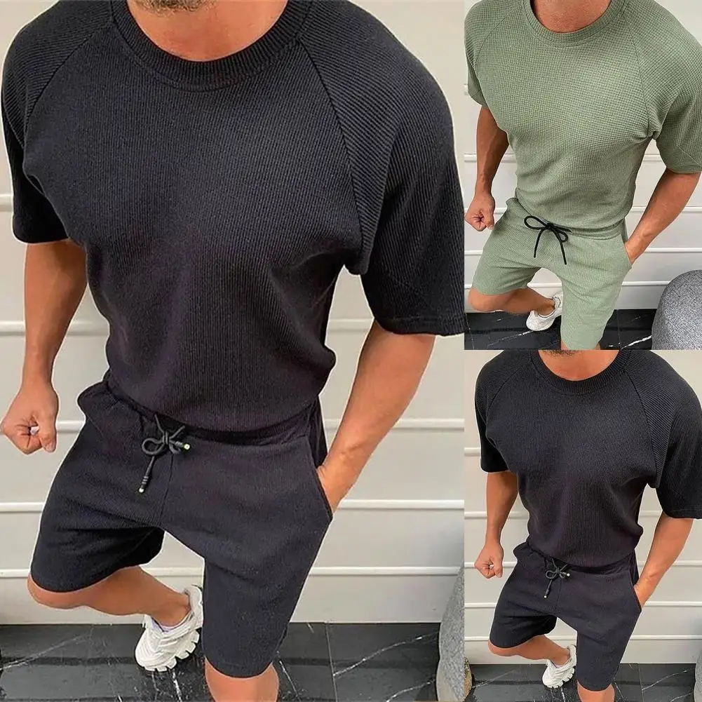 

Knee Length Pants 2 Pcas/Set Trendy Quick Dry Men Tracksuit Deep Crotch Men Top Pants Set Soft for Home