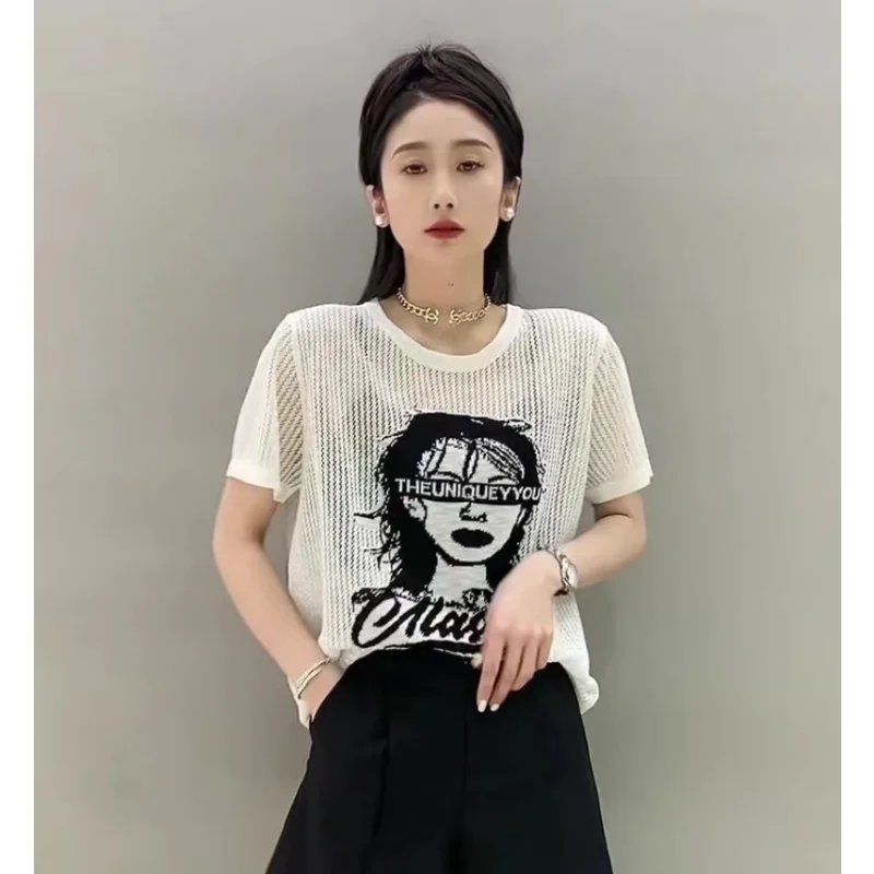

2023 Summer New Chic Fashion Print Thin Ice Silk Knitted Tops Tees Women's T-shirt Y2k