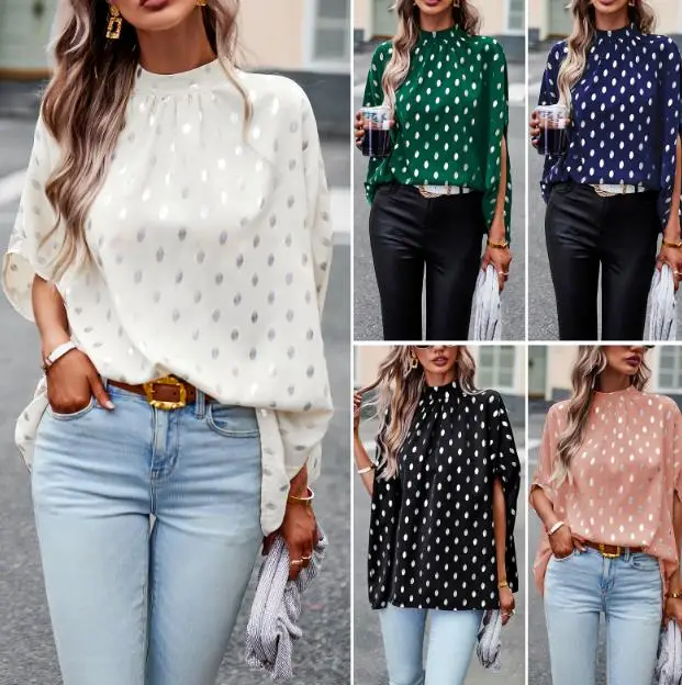 

Elegant Long Sleeve Wave Dots Shirt for Woman 2023 Spring and Autumn New Standing Collar Versatile Commuting Female Pullover Top