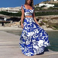 2022 summer new style fashionable sexy wrapped chest and exposed navel two piece printed party dressseaside holiday maxi