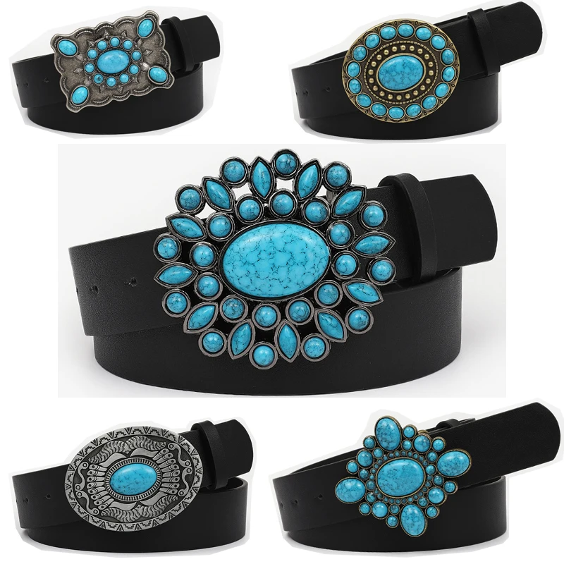 

Retro Court Style Belt for Women Luxury Brand Fashion Casual Jeans Accessories Goth Inlaid Sapphire Buckle PU Leather Waistband