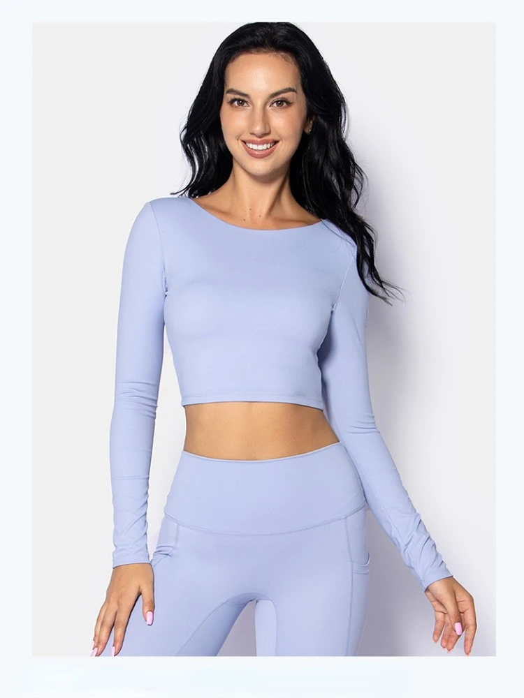 

SALSPOR Women's Top Sports Underwear Lace Cross Top Solid Color Fitness Suit Suspender Long Sleeve Top Slim Stretch Yoga Top