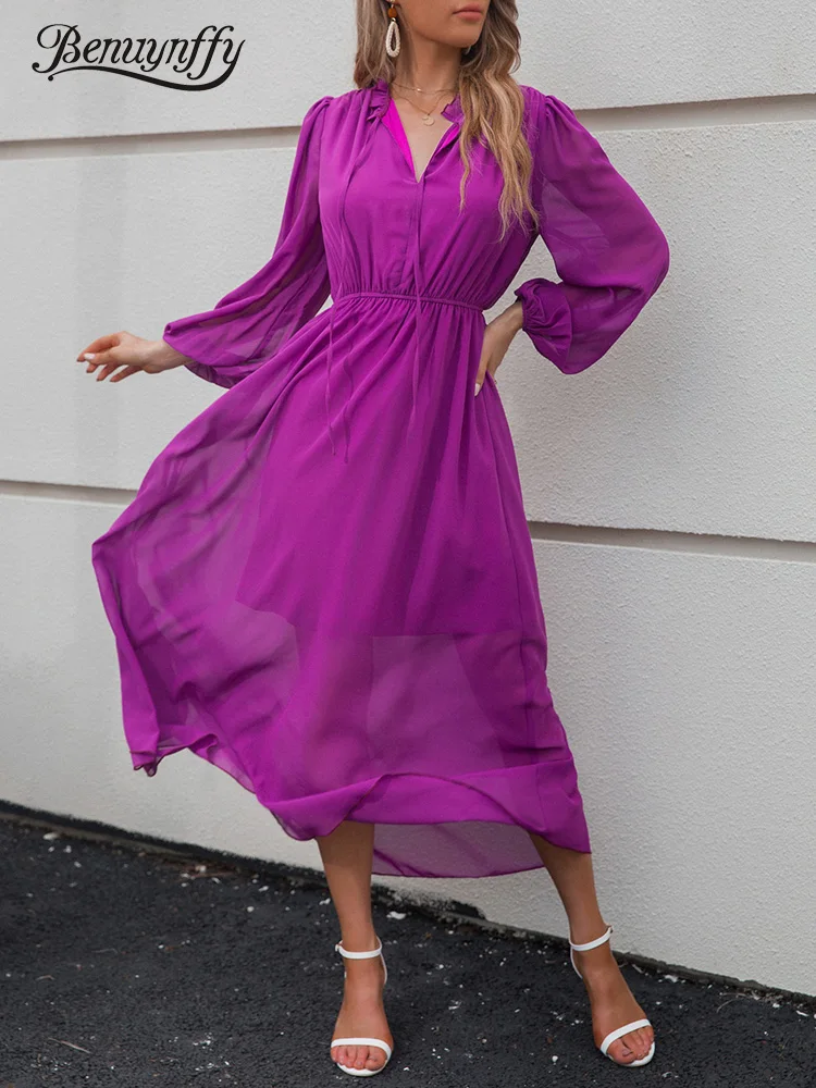 

Benuynffy Solid Tie Neck Lantern Sleeve Dress Women Spring Fall Elegant Street High Waist A-line Casual Women Long Dresses 2022