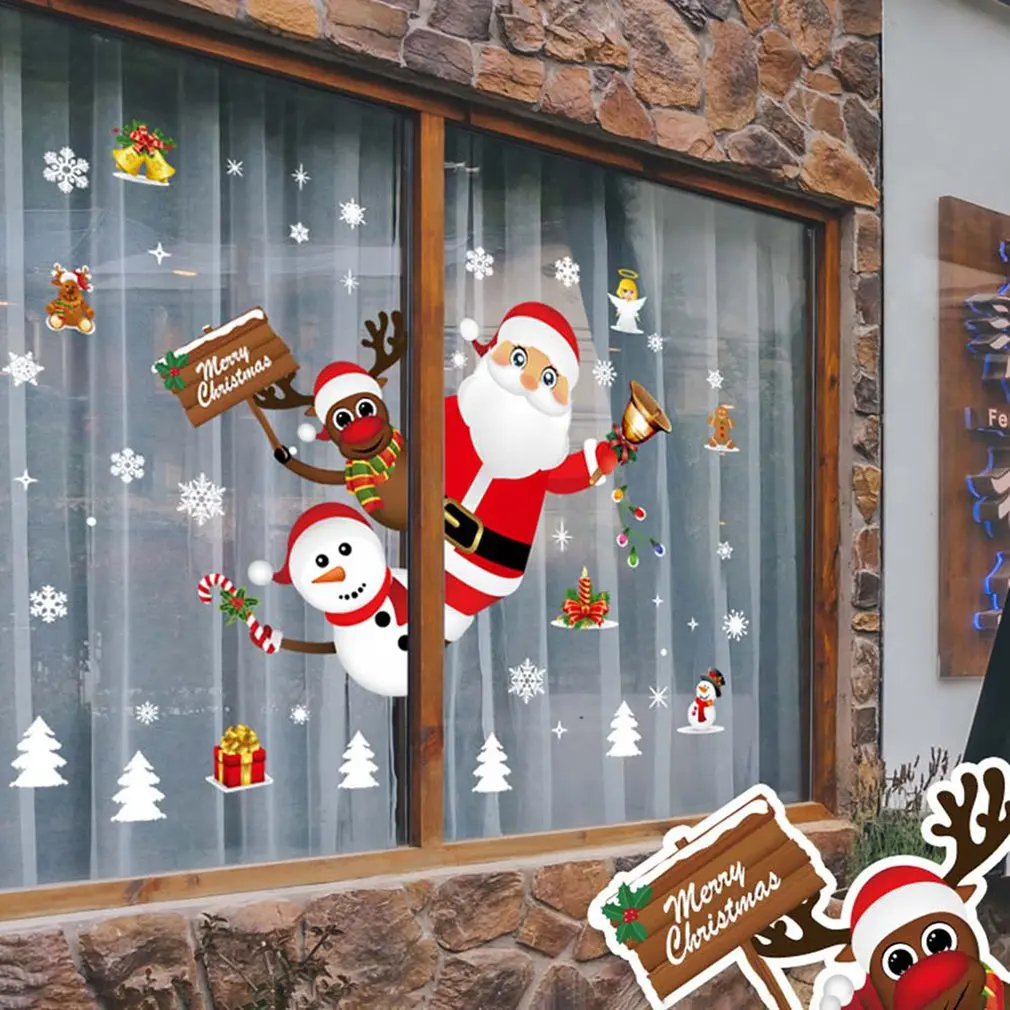 

60*90cm Merry Christmas Wall Stickers Cute Santa Claus Snowflake Elk Window Glass Stickers Self-adhesive Removable Wall Stickers