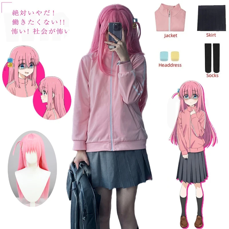 

Anime Gotou Hitori Cosplay Costume Bocchi The Rock Cosplay High School JK Uniform Skirts Gotou Hitori Pink Wig Roleplay Suit