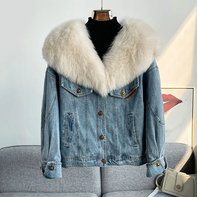 Goose Down Liner Denim Parka Women's New Fox Fur Fur Coat Young and Small enlarge
