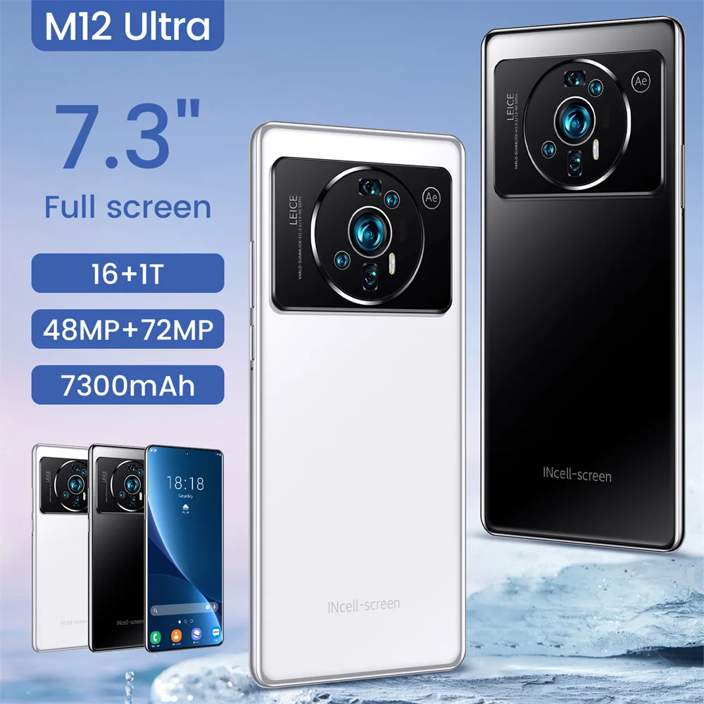 

Флуоресцентный смартфон M12 Ultra + 7.3 дюйма, флуоресцентный смартфон 16 ГБ + 1 ТБ 48 + 72 Мп, 10 ядер, 7300 мАч, разблокированный сотовый телефон с двумя ...